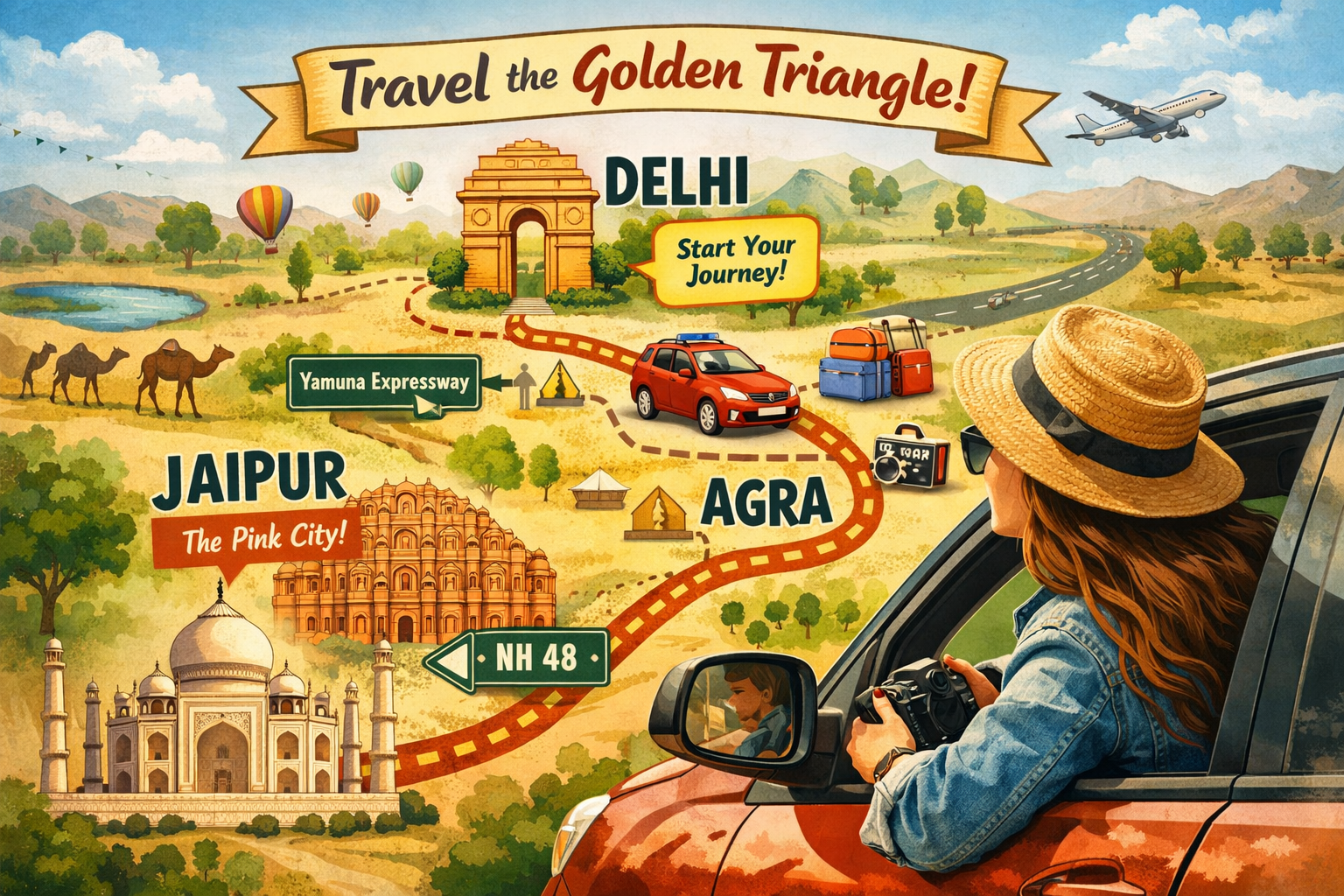 Travel poster for the Golden Triangle — Delhi, Agra, and Jaipur